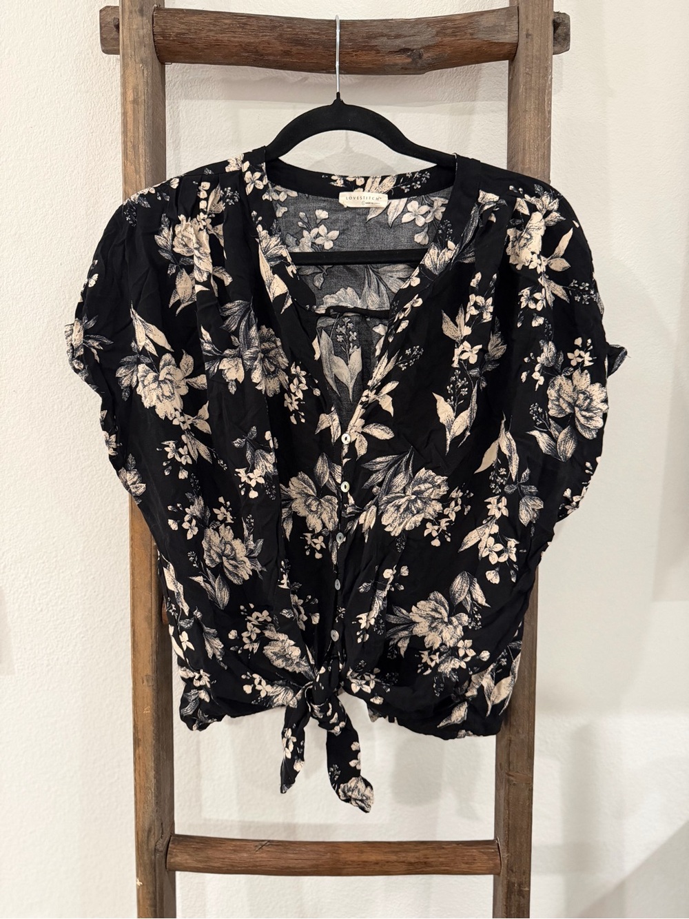 lovestitch Black Floral Tie-Front Button Blouse